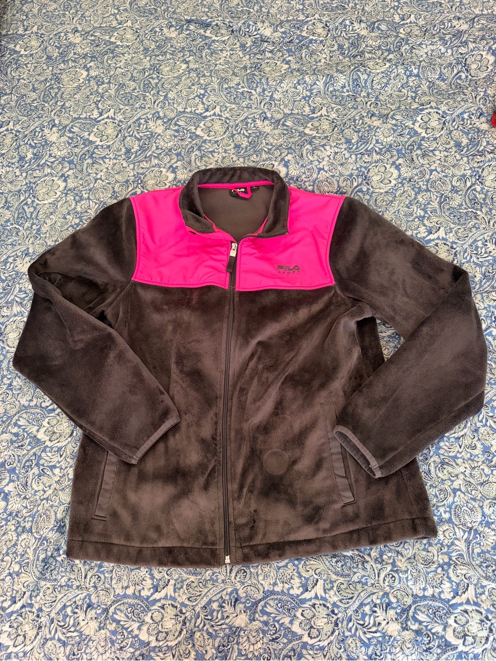 Fila Women's Gray and Pink Teddy Jacket with Hot Pink Yoke